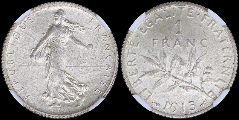 FRANCE: 1 Franc (1915) in silver (0,835) with figure sowind seed. Leafy branch d...