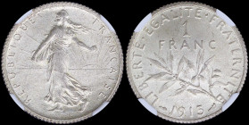 FRANCE: 1 Franc (1915) in silver (0,835) with figure sowind seed. Leafy branch divides date and denomination on reverse. Inside slab by NGC "MS 63". C...