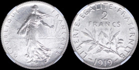 FRANCE: 2 Francs (1919) in silver (0,900) with figure sowing seed. Leafy branch divides date and denomination on reverse. Inside slab by NGC "MS 61". ...