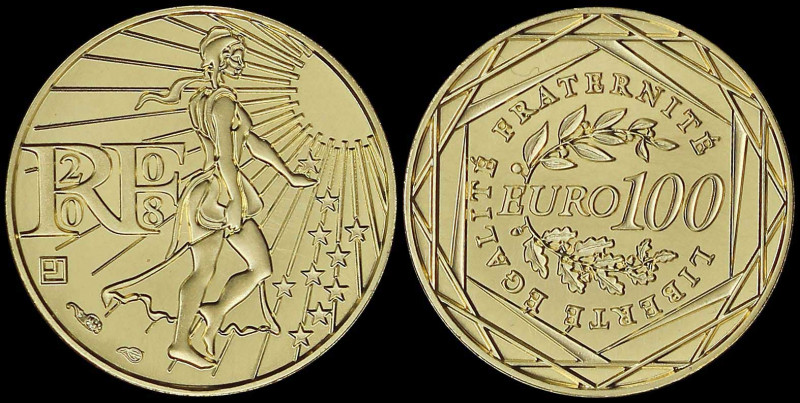 FRANCE: 100 Euro (2008) in gold (0,999) with modernistic Sower advancing right. ...