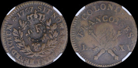 FRENCH COLONIES: 12 Deniers (= 1 Sol) (1767 A) in bronze with Coat of Arms of France within wreath and "RF" (=Republique Francaise) stamp. Crossed sce...