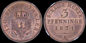 GERMAN STATES / PRUSSIA: 3 Pfennig (1871 A) in copper with crowned shield of eagle Arms with RF monogram on breast. Three-line inscription with date, ...