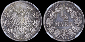 GERMANY / EMPIRE: 1/2 Mark (1913 E) in silver (0,900) with denomination within wreath. Crowned imperial eagle with shield on breast within wreath on r...