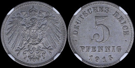 GERMANY / EMPIRE: 5 Pfennig (1915 A) in iron with denomination and date below. Crowned imperial eagle with shield on breast on reverse. Inside slab by...