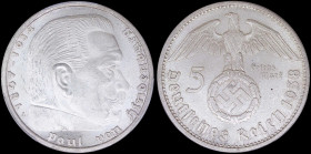 GERMANY / THIRD REICH: 5 Reichsmark (1938 A) in silver (0,900) commemorating the Swastika-Hindenburg Issue with eagle above swastika within wreath. La...