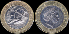 GIBRALTAR: 2 Pounds (1999 AA) from the Labours of Hercules series in bi-metallic copper-nickel center in nickel-brass ring with crowned head of Queen ...
