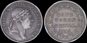 GREAT BRITAIN: 3 Shilling (1812) bank token in silver (0,925) with laureate head of George III facing right. Legend within wreath on reverse. Inside s...