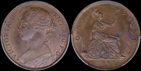 GREAT BRITAIN: 1 Penny (1887) in bronze with mature bust of Queen Victoria (without die number) facing left. Britannia seated facing right on reverse....