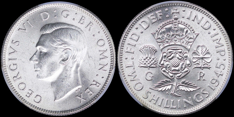 GREAT BRITAIN: 1 Florin (= 2 Shillings) (1945) in silver (0,500) with head of Ge...