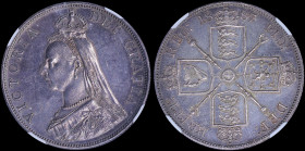 GREAT BRITAIN: 4 Shillings (=Double Florin) (1887 - Arabic 1) & 1 Crown (1887) with veiled bust of Queen Victoria facing left. The coins are inside sl...