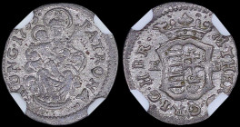 HUNGARY: 1 Denar (1753 KB) in silver (0,149) with crowned Arms. Madonna and child on reverse. Inside slab by NGC "AU 53". Unique in pop of both compan...