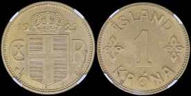 ICELAND: 1 Krona (1929 N GJ) in alluminum-bronze with ornaments flank denomination. Crowned Arms divide monogram, strikemark flanking bottom of shield...