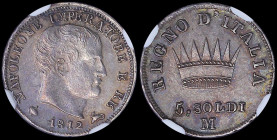 ITALIAN STATES / KINGDOM OF NAPOLEON: 5 Soldi (1812 M) in silver (0,900) with head of Napoleon I facing right. Crown above written and numeral value o...