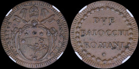 ITALIAN STATES / PAPAL STATES: 2 Baiocchi (1793 XIX) in copper with papal Arms. Written value within wreath on reverse. Inside slab by NGC "AU 55 BN"....