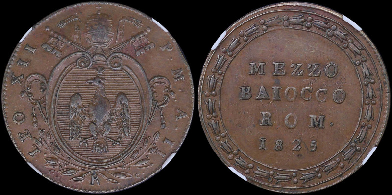 ITALIAN STATES / PAPAL STATES: 1/2 Baiocco (1825 R II) in copper with papal Arms...