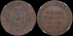 ITALIAN STATES / PAPAL STATES: 1/2 Baiocco (1825 R II) in copper with papal Arms. Value above date within designed wreath on reverse. Inside slab by N...