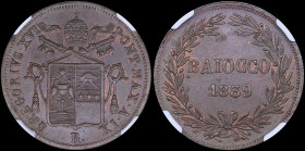 ITALIAN STATES / PAPAL STATES: 1 Baiocco (1839 R IX) in copper with legend around Papal Arms. Value and date within wreath on reverse. Inside slab by ...