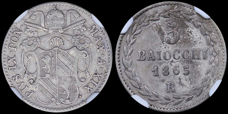 ITALIAN STATES / PAPAL STATES: 5 Baiocchi (1865 R XIX) in silver (0,835) with le...