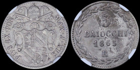 ITALIAN STATES / PAPAL STATES: 5 Baiocchi (1865 R XIX) in silver (0,835) with legend around Papal Arms. Value and date within wreath on reverse. Insid...