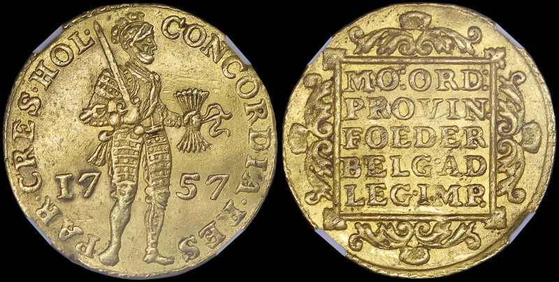 NETHERLANDS / HOLLAND: 1 Ducat (1757) in gold (0,986) with armored standing knig...