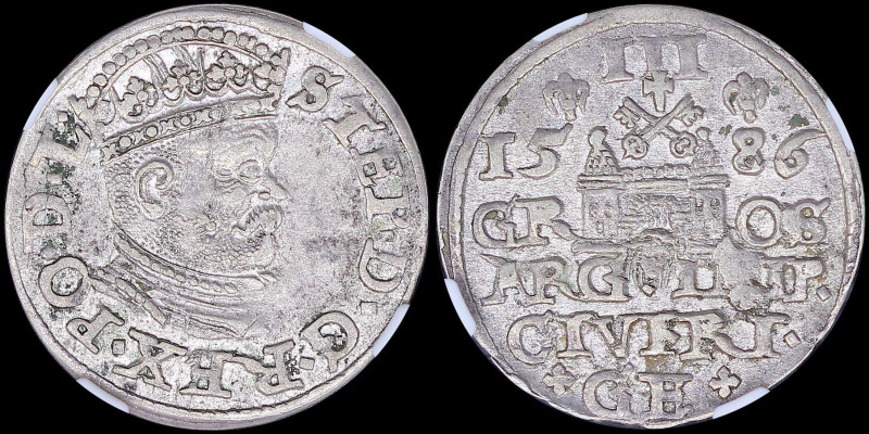 POLAND: 3 Groschen (1586 GE) in silver with crowned bust of Stephen Bathory faci...