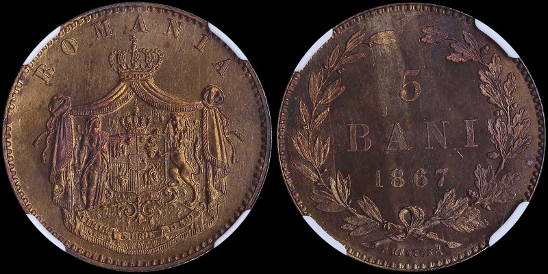 ROMANIA: 5 Bani (1867 HEATON) in copper with crowned Arms with supporters within...