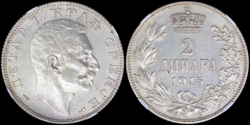 SERBIA: 2 Dinara (1915) in silver (0,835) with head of Peter I facing right. Cro...