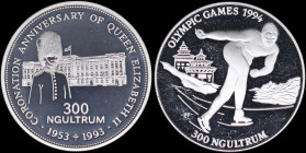 BHUTAN: 300 Ngultrums (1992) & 300 Ngultrums (1993) in silver (0,925). (KM 74 + 66). Proof.