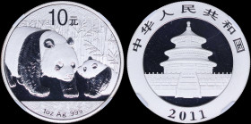 CHINA: 10 Yuan (2011) in silver (0,999) from Panda series with Temple of Heaven. Adult panda at left and seated panda cub at right, bamboo forest in b...
