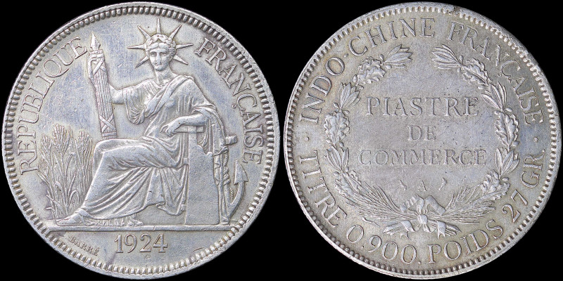 FRENCH INDO-CHINA: 1 Piastre (1924 A) in silver (0,900) with Liberty seated and ...