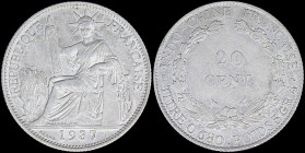 FRENCH INDO-CHINA: 20 Cents [1937 (a)] in silver (0,680) with Liberty seated and date below. Denomination within wreath on reverse. Cleaned and surfac...