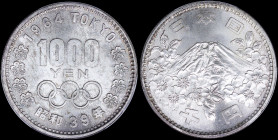JAPAN: 1000 Yen (1964) in silver (0,925) from the 1964 Olympic Games series with Mt Fuji within springs of cherry blossoms. Value and olympic circles ...