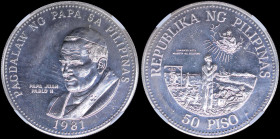 PHILIPPINES: 50 Piso [1981 FM (U)] in silver (0,925) commemorating the visit of the Pope with bust of Pope John Paul II. Standing figure praying on re...