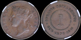 STRAITS SETTLEMENTS: 1 Cent (1875 W) in copper with crowned head of Queen Victoria facing left. Value within beaded circle on reverse. Inside slab by ...