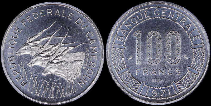 CAMEROON: Essai of 100 Francs [1971 (a)] in nickel with three giant eland facing...