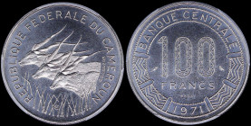 CAMEROON: Essai of 100 Francs [1971 (a)] in nickel with three giant eland facing left. Denomination within circle and date below on reverse. Inside sl...
