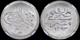 EGYPT: 1 Qirsh [AH1293//4 (=1879)] in silver (0,833) with toughra. Legend on reverse. Inside slab by NGC "MS 66". Top pop in both companies. Cert numb...