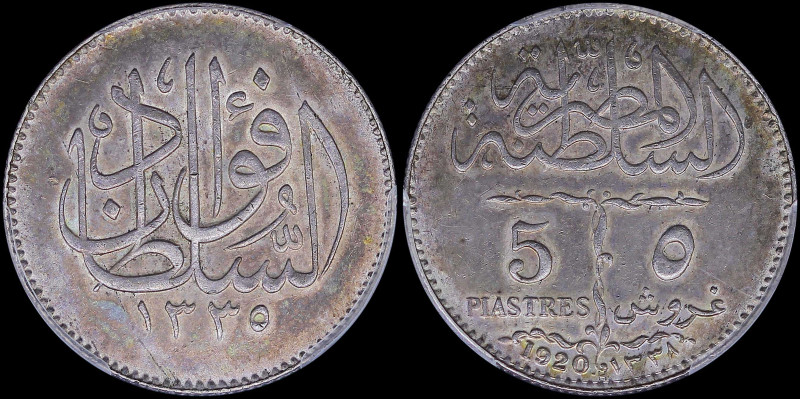 EGYPT: 5 Piastres (AH1338 / 1920) in silver (0,833) with text above date. Denomi...