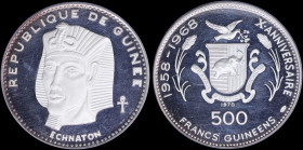 GUINEA: 500 Francs (1970) in silver (0,999) commemorating Echnaton from the series for the 10th Anniversary of Indepedence with bust of Echnaton. Nati...