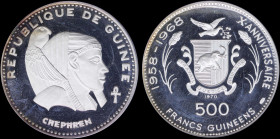 GUINEA: 500 Francs (1970) in silver (0,999) commemorating Chephren from the series for the 10th Anniversary of Independence with bust of Chephren faci...