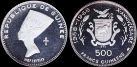 GUINEA: 500 Francs (1970) in silver (0,999) commemorating Nefertiti from the series for the 10th Anniversary of Independence with bust of Nefertiti fa...