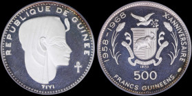 GUINEA: 500 Francs (1970) in silver (0,999) commemorating Queen Teyi from the series for the 10th Anniversary of Independence with head of Queen Teyi ...