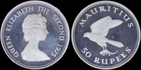 MAURTITIUS: 50 Rupees (1975) in silver (0,925) from the Conservation series with young bust of Queen Elizabeth II facing right. Mauritius Kestrel on r...