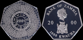 ZAMBIA: 1000 Kwacha (2000) in copper-nickel with crowned head of Queen Elizabeth II facing right above Arms with supporters. Dated calendar of 2001 wi...
