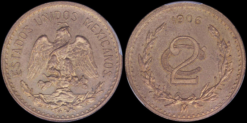 MEXICO: 2 Centavos (1906 Mo) in bronze with national Arms. Value below date with...