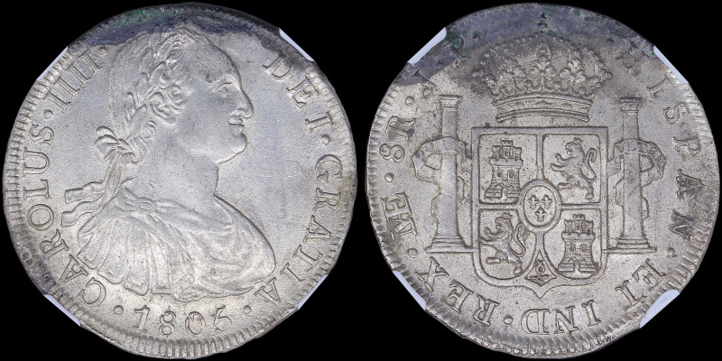 PERU: 8 Reales (1805LIMAE JP) in silver (0,896) with laurete bust of Charles III...