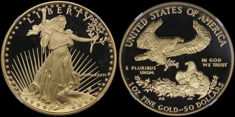 USA: 50 Dollars (1986 W) in gold (0,916) with walking Liberty facing right. Amer...