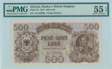 ALBANIA: 500 Leke (1947) in brown on multicolor unpt with Arms at left and soldier with rifle at right. S/N: "AA 142838". WMK: Pattern. Printed in Yug...