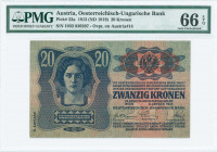 AUSTRIA: 20 Kronen (ND 1919 / old date 2.1.1913) (ovpt on Pick #14) in blue on green and red unpt with portrait of woman at upper left and Arms at upp...