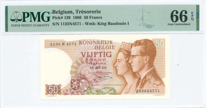 BELGIUM: 50 Francs (16.5.1966) in brown-violet and orange-brown on multicolor un...